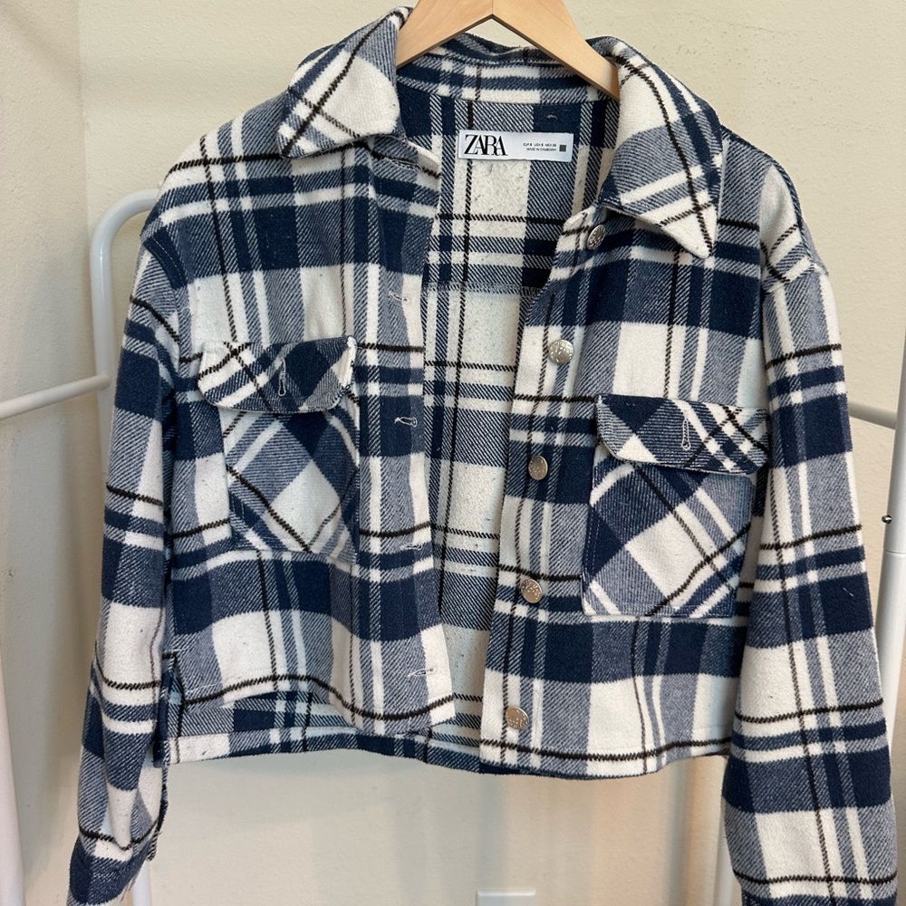 Zara Flannel Cropped Shacket Plaid Checkered Jacket